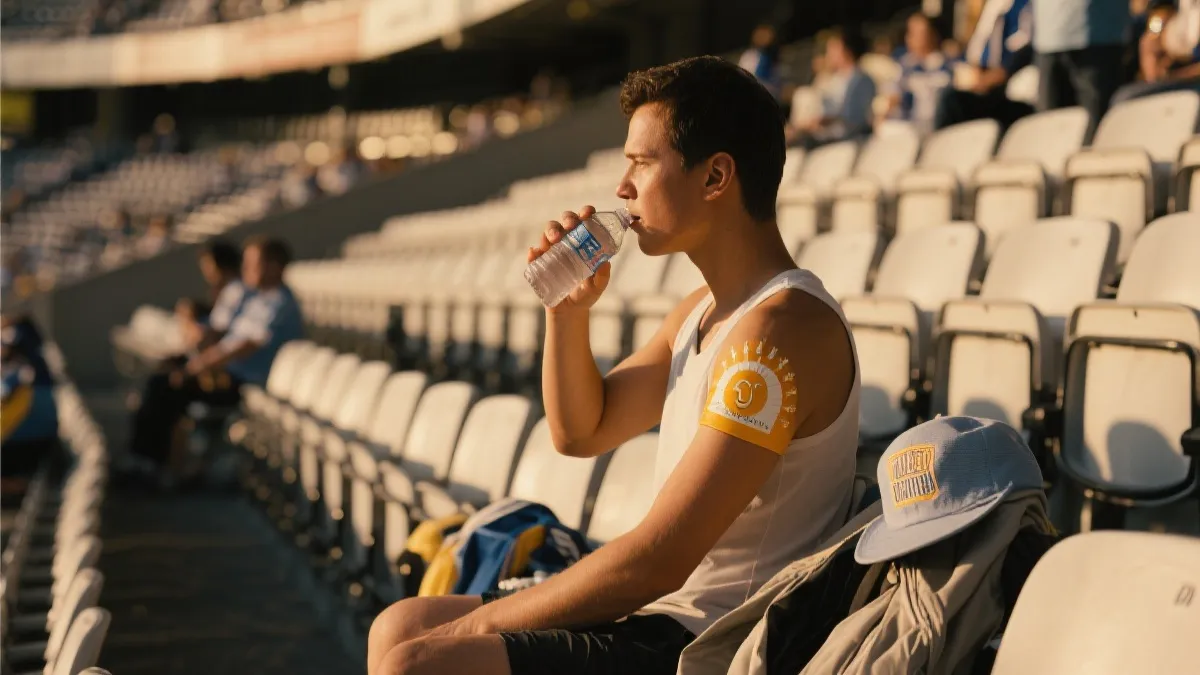 观赛者在看台阴影区域补水与补涂防晒的情景，旁边有简洁的随身装备