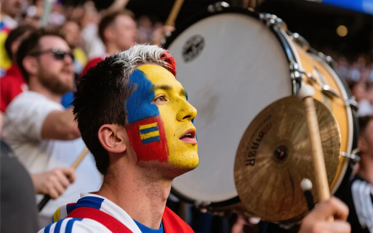 球迷脸部彩绘与鼓手在看台上组织节奏的场景