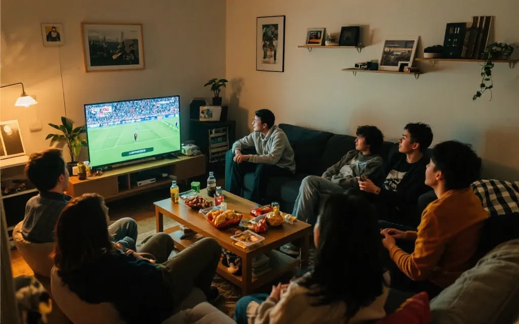 合租客厅多人围坐观看比赛，电视投屏与零食桌，温暖生活化氛围